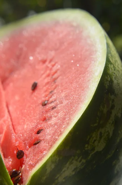 Ripe watermelons on wicker tray on table on wooden background — Stock Photo, Image