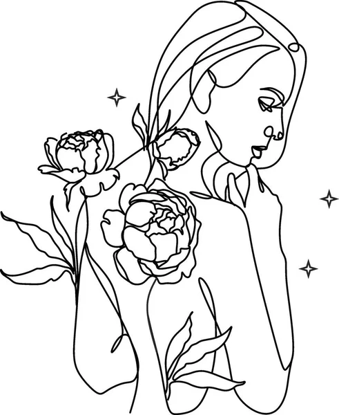 Linha Mulher Desenho Arte Flor Cabeça Vetor Imagem Logótipo — Vetor de Stock