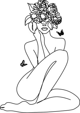 Woman head with flowers composition. Hand-drawn vector line-art illustration. One Line style drawing. vector Woman head with flowers composition. Hand-drawn vector line-art illustration. One Line style drawing. vector