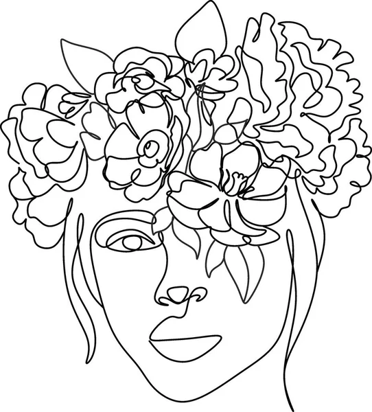 Frauenkopf Mit Blumenkomposition Handgezeichnete Vektor Line Art Illustration Einzeilige Zeichnung — Stockvektor