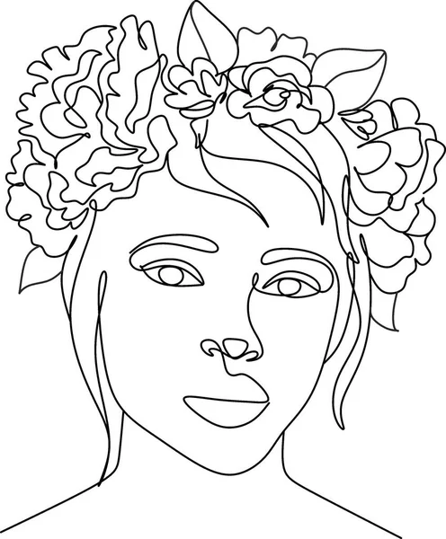 Kvinnligt Huvud Med Blommor Sammansättning Handritad Vektor Line Art Illustration — Stock vektor