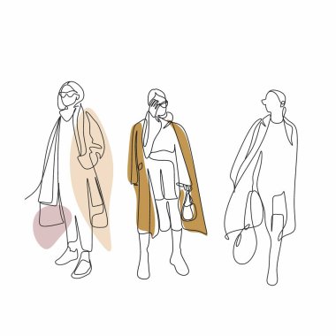 Tek çizgi kadın modası, renkli geometrik elementlerle çağdaş soyut tarzda yaratıcı el yazması kompozisyon. Güzellik modası genç bayan figürü. Yazdırma, kart, poster için tempura tasarımı