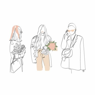 Tek çizgi kadın modası, renkli geometrik elementlerle çağdaş soyut tarzda yaratıcı el yazması kompozisyon. Güzellik modası genç bayan figürü. Yazdırma, kart, poster için tempura tasarımı