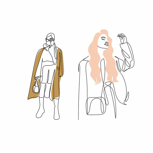 Mode Skizze Setzte Vektor Illustration Stylish Frau Satz Von Kontinuierlichen — Stockvektor