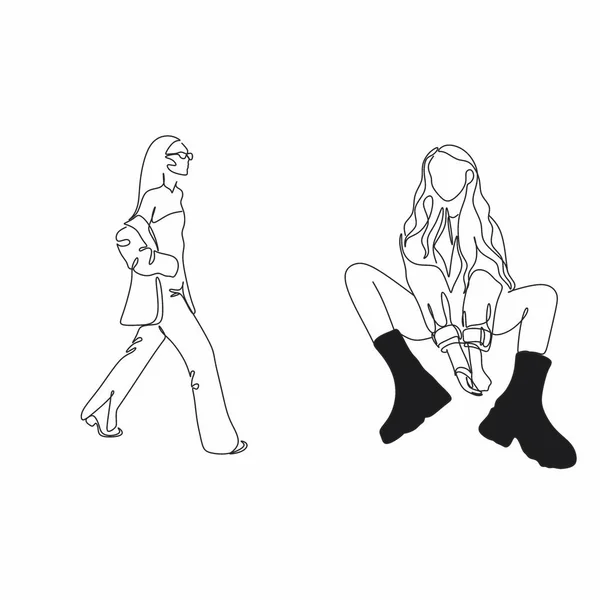 ファッションスケッチセットベクトルイラスト 連続線画のスタイリッシュな女性セット 抽象最小女性ベクトルアートワーク アイコン ラベル スタイリッシュな女性が歩く — ストックベクタ
