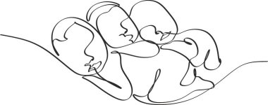 Bir çizgi bir bebeğin resimlerini çiziyor. Uyuyan şirin bebek elinden siluetin bir resmini çizmiş. Modern minimalizm sanatı. Minimalist tarzda küçük bir çocuk. Vektör illüstrasyonu