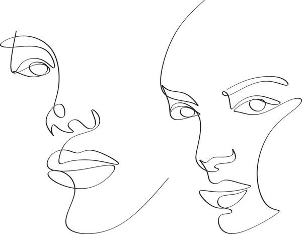 Surreale Gesichter Kontinuierliche Linie Zeichnung Von Gesetzten Gesichtern Und Frisur — Stockvektor