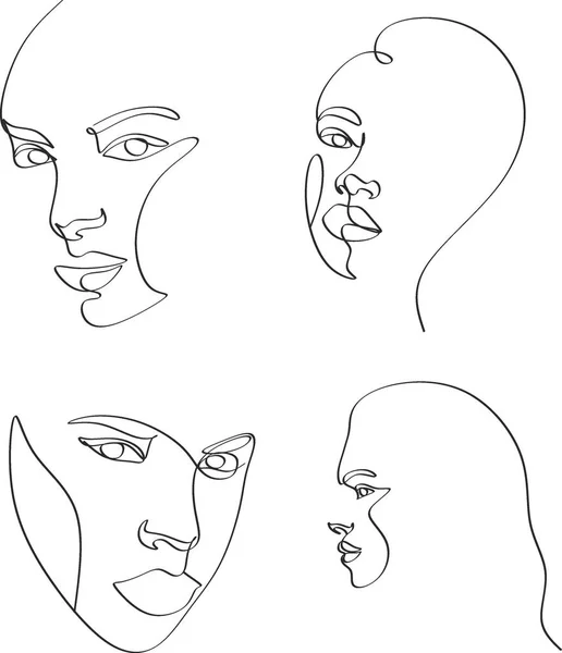 Visages Surréalistes Ligne Continue Dessin Décors Coiffure Concept Mode Femme — Image vectorielle