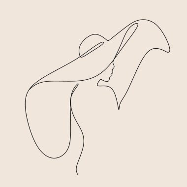 Bir çizgi, soyut moda modeli vektörü. Çağdaş kız. Moda konsepti, kadın güzellik minimalisti, vektör çizimi oldukça seksi. Kumaş mağazası satışı