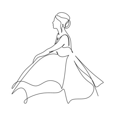 Bir çizgi, soyut moda modeli vektörü. Çağdaş kız. Moda konsepti, kadın güzellik minimalisti, vektör çizimi oldukça seksi. Kumaş mağazası satışı