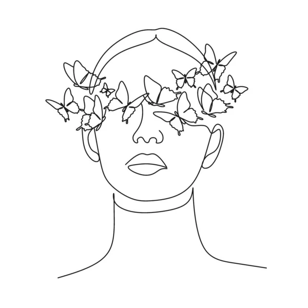 Butterfly Surreal Faces Continuous Line Drawing Set Faces Hairstyle Fashion — Stock Vector