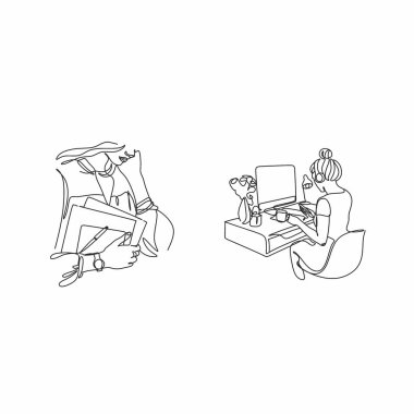 Çalışma masasında dizüstü bilgisayar seyrederken düşünceli bir şekilde oturan ciddi kadın işçinin sürekli çizdiği bir çizgi. İş kavramı analiz eder. Tek çizgi çizimi grafik tasarım vektörü çizimi