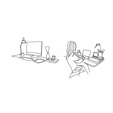 Çalışma masasında dizüstü bilgisayar seyrederken düşünceli bir şekilde oturan ciddi kadın işçinin sürekli çizdiği bir çizgi. İş kavramı analiz eder. Tek çizgi çizimi grafik tasarım vektörü çizimi