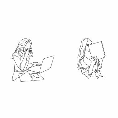 Çalışma masasında dizüstü bilgisayar seyrederken düşünceli bir şekilde oturan ciddi kadın işçinin sürekli çizdiği bir çizgi. İş kavramı analiz eder. Tek çizgi çizimi grafik tasarım vektörü çizimi