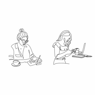 Çalışma masasında dizüstü bilgisayar seyrederken düşünceli bir şekilde oturan ciddi kadın işçinin sürekli çizdiği bir çizgi. İş kavramı analiz eder. Tek çizgi çizimi grafik tasarım vektörü çizimi