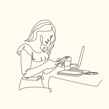 Çalışma masasında dizüstü bilgisayar seyrederken düşünceli bir şekilde oturan ciddi kadın işçinin sürekli çizdiği bir çizgi. İş kavramı analiz eder. Tek çizgi çizimi grafik tasarım vektörü çizimi