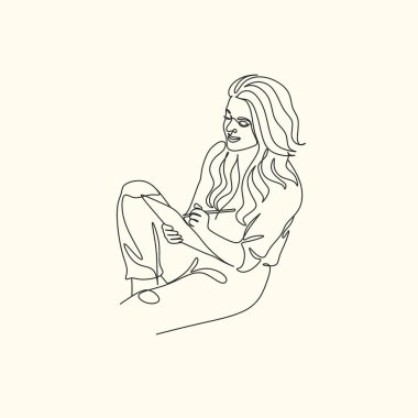 Çalışma masasında dizüstü bilgisayar seyrederken düşünceli bir şekilde oturan ciddi kadın işçinin sürekli çizdiği bir çizgi. İş kavramı analiz eder. Tek çizgi çizimi grafik tasarım vektörü çizimi