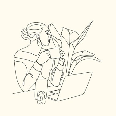 Merkez ofis çalışıyor. Ofisteki kadın çizimi. Bilgisayarda çalışan kızın minimalist vektör simgesi. İçişleri Bakanlığı 'nda çalışan bir kadın. Masada oturan, Bilgisayar Ekranına bakan Karakter 
