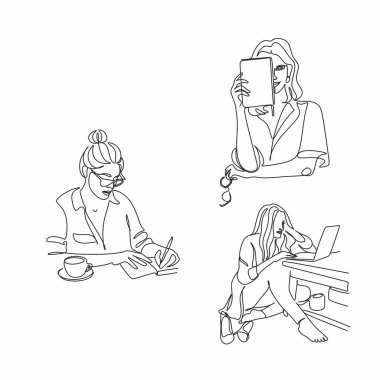 Çalışma masasında dizüstü bilgisayar seyrederken düşünceli bir şekilde oturan ciddi kadın işçinin sürekli çizdiği bir çizgi. İş kavramı analiz eder. Tek çizgi çizimi grafik tasarım vektörü çizimi