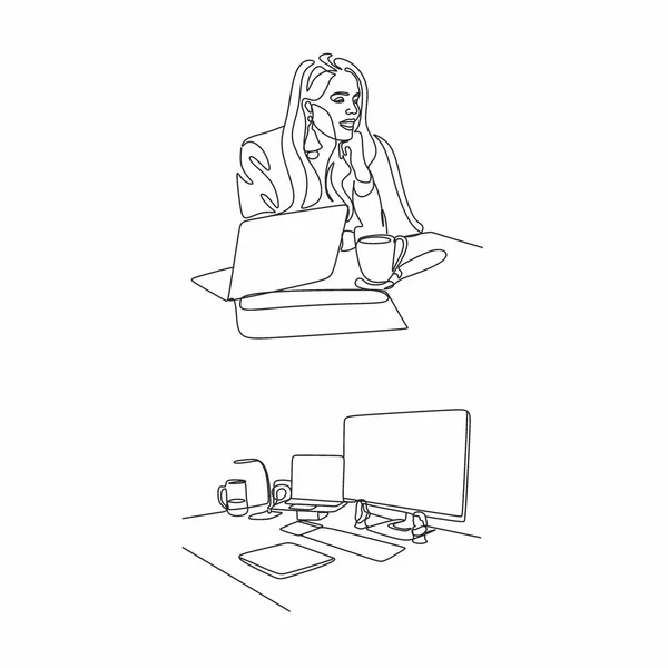 One Continuous Line Drawing Young Serious Female Worker Sitting Pensively — Stock Vector