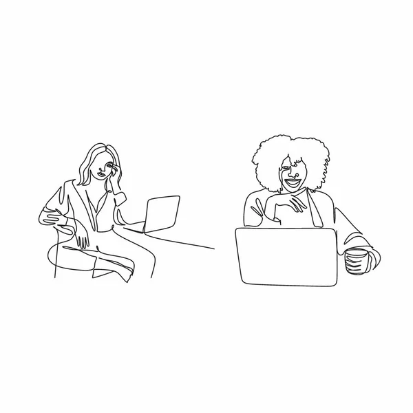 一个年轻而严肃的女工坐在办公桌前沉思地看着笔记本电脑屏幕的连续线条绘图 商业分析概念 单行绘图图形设计矢量插图 — 图库矢量图片
