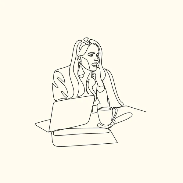 作業机でノートパソコンの画面を見ながら 真面目な若い女性労働者の一本の連続線画 ビジネス分析の概念 グラフィックデザインベクトル図を描く — ストックベクタ