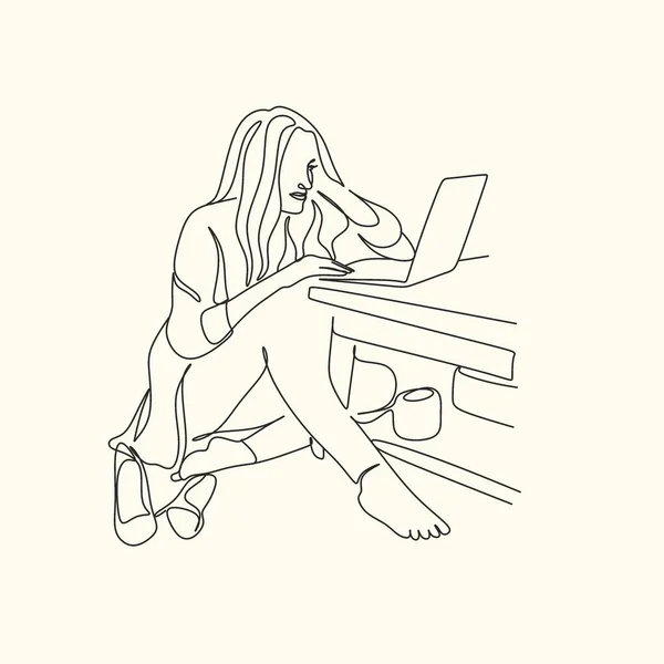 一个年轻而严肃的女工坐在办公桌前沉思地看着笔记本电脑屏幕的连续线条绘图 商业分析概念 单行绘图图形设计矢量插图 — 图库矢量图片