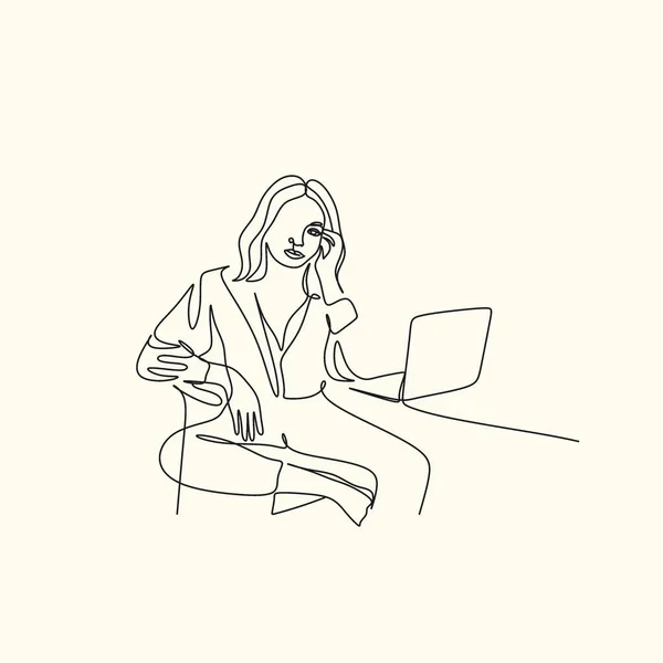 作業机でノートパソコンの画面を見ながら 真面目な若い女性労働者の一本の連続線画 ビジネス分析の概念 グラフィックデザインベクトル図を描く — ストックベクタ