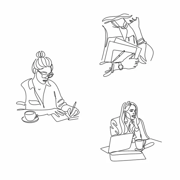 One Continuous Line Drawing Young Serious Female Worker Sitting Pensively — Stock Vector