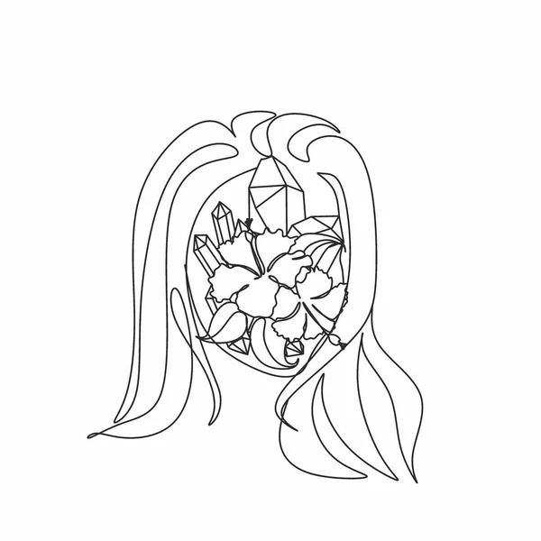 Linjeritning Abstrakt Ansikte Med Blommor Och Fjäril Genom Linje Ritning — Stock vektor