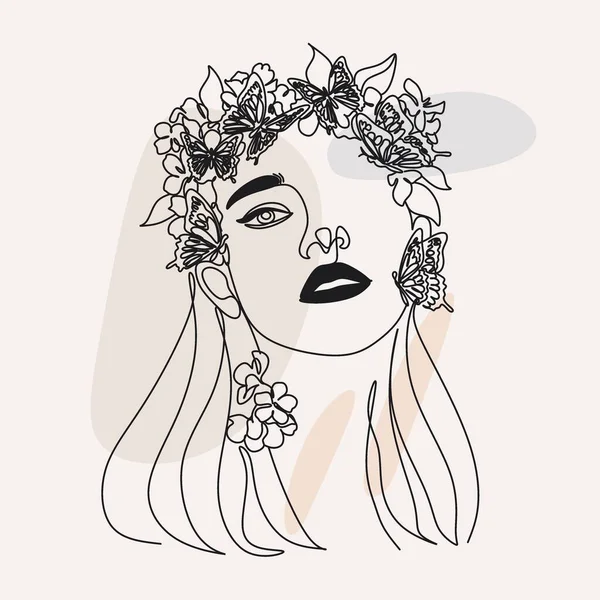 Dessin Trait Visage Abstrait Avec Des Fleurs Des Papillons Par — Image vectorielle