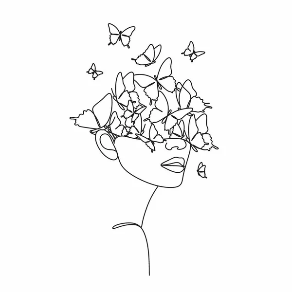 Dessin Trait Visage Abstrait Avec Des Fleurs Des Papillons Par — Image vectorielle