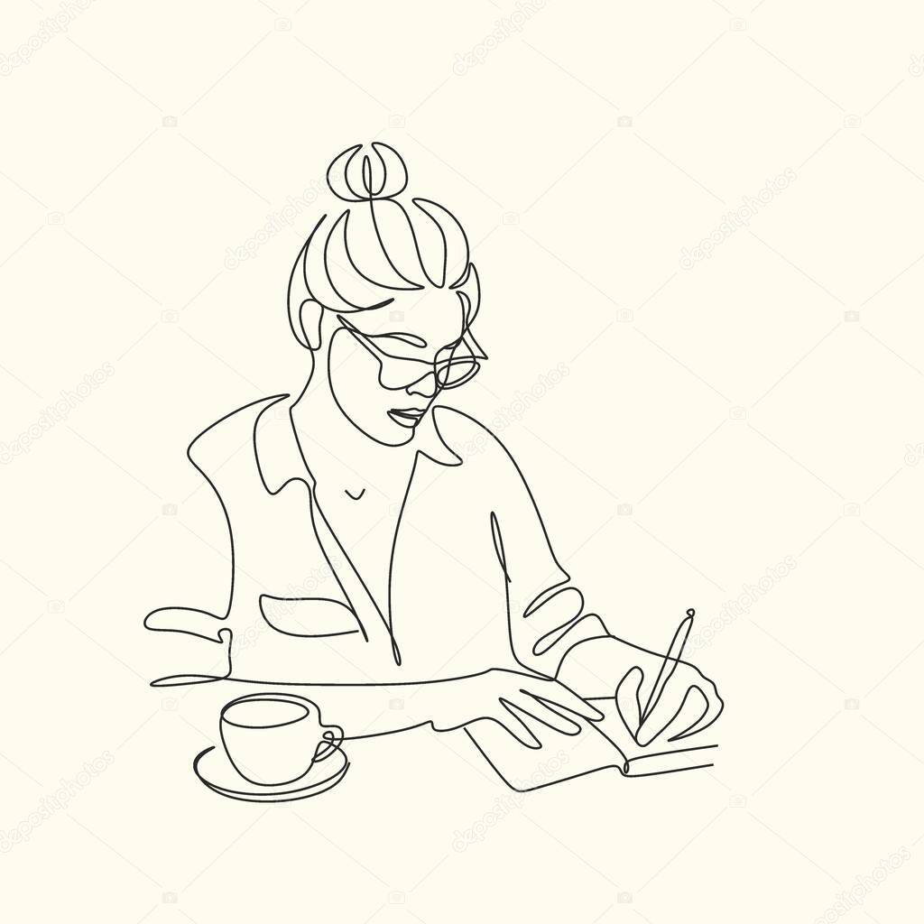 One continuous line drawing of young serious female worker sitting pensively while watching laptop screen at work desk. Business analyze concept. Single line draw graphic design vector illustration