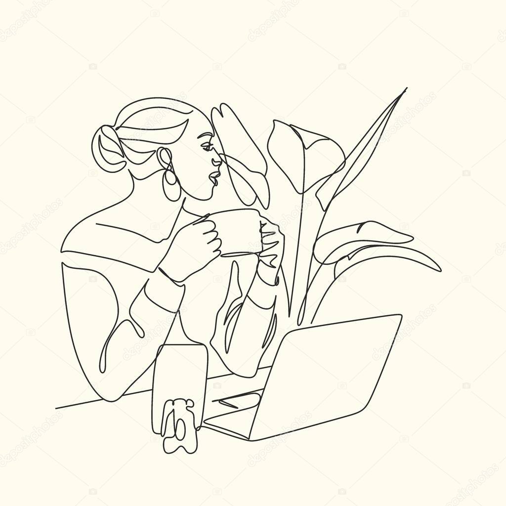 Home office working. Home office woman line art. Minimalist vector icon of girl what working on computer. Woman Working at Home Office. Character Sitting at Desk in Room, Looking at Computer Screen 