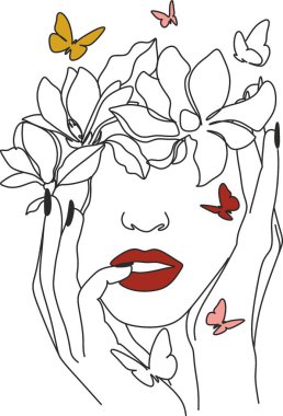 Line Drawing. Abstract face with flowers and butterfly by one line drawing. Modern continuous line art. Women line art. Beauty salon logo. Coloring book. Botanical print. Nature symbol of cosmetics. vector Line Drawing. Abstract face with flowers and butterfly by one line drawing. Modern continuous line art. Women line art. Beauty salon logo. Coloring book. Botanical print. Nature symbol of cosmetics. vector