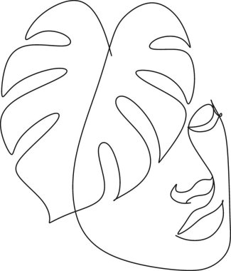 Moda Bir, logo çiziyor, kadınlar bitkiyle yüz yüze. Soyut doğa kadın portresi. Vektör çizgileri, modern cazibe posteri, logotip, minimalist tarz. Soyut sürekli doğrusal sanat, t-shirt baskısı.