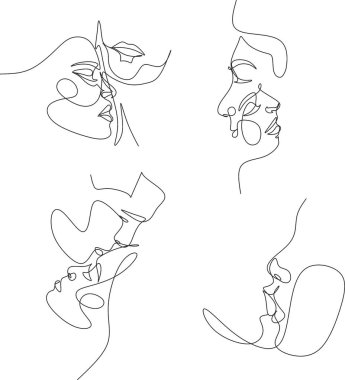 Gerçeküstü Yüzler, sürekli çizgiler, set yüzleri ve saç stili, moda konsepti, kadın güzellik minimalisti, vektör çizimi oldukça seksi. Çağdaş portre