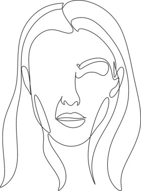 Çiçekli güzel kadın yüzü bir çizgi çiziyor. Soyut minimal portre sürekli çizgi. Minimalist Orkideler saç vektörü illüstrasyonunda çiçekler