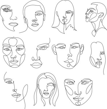 Gerçeküstü Yüzler Devamlılığı, set yüzleri ve saç stili çizimi moda konsepti, kadın güzellik minimalisti, vektör çizimi oldukça seksi. Çağdaş portre