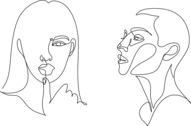 Gerçeküstü Yüzler Devamlılığı, set yüzleri ve saç stili çizimi moda konsepti, kadın güzellik minimalisti, vektör çizimi oldukça seksi. Çağdaş portre
