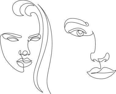Gerçeküstü Yüzler Devamlılığı, set yüzleri ve saç stili çizimi moda konsepti, kadın güzellik minimalisti, vektör çizimi oldukça seksi. Çağdaş portre