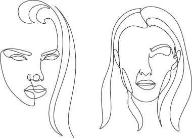 Gerçeküstü Yüzler Devamlılığı, set yüzleri ve saç stili çizimi moda konsepti, kadın güzellik minimalisti, vektör çizimi oldukça seksi. Çağdaş portre