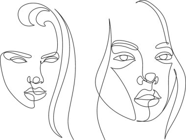 Gerçeküstü Yüzler Devamlılığı, set yüzleri ve saç stili çizimi moda konsepti, kadın güzellik minimalisti, vektör çizimi oldukça seksi. Çağdaş portre