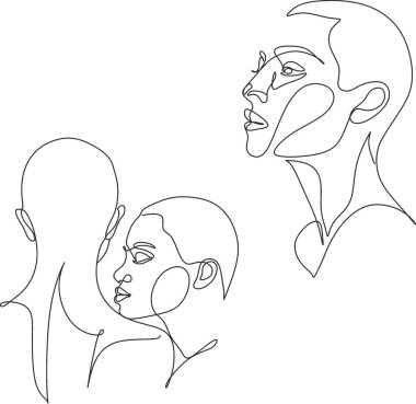  Çift parmak izi, Öpücük izi, Sevgililer Günü İllüstrasyonu. Aşk posteri. İki yüz. Biz tek bir çizgiyiz. Bir Çizgi Sanat Çifti, Çizgi Sanatçısı Erkek ve Kadın, Asgari Yüz Vektörü. 