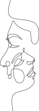 Bir Çizgi Sanat Çifti, Çizgi Sanat Adamı ve Kadın, Minimal Yüz Vektörü. Çift parmak izi, Öpücük izi, Sevgililer Günü İllüstrasyonu. Aşk posteri. İki yüz. Biz tek bir çizgiyiz.. 