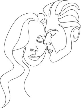 Bir Çizgi Sanat Çifti, Çizgi Sanat Adamı ve Kadın, Minimal Yüz Vektörü. Öpücük baskısı, Sevgililer Günü İllüstrasyonu. Aşk posteri. İki yüz. Biz tek bir çizgiyiz.. 