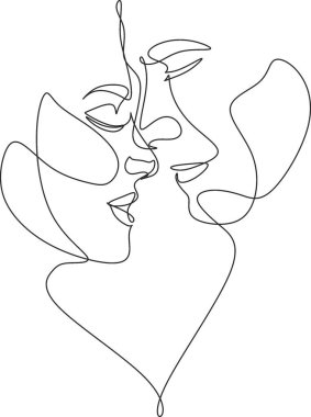 Bir Çizgi Sanat Çifti, Çizgi Sanat Adamı ve Kadın, Minimal Yüz Vektörü. Öpücük baskısı, Sevgililer Günü İllüstrasyonu. Aşk posteri. İki yüz. Biz tek bir çizgiyiz.. 