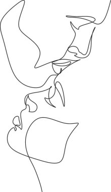 Bir Çizgi Sanat Çifti, Çizgi Sanat Adamı ve Kadın, Minimal Yüz Vektörü. Çift parmak izi, Öpücük izi, Sevgililer Günü İllüstrasyonu. Aşk posteri. İki yüz. Biz tek bir çizgiyiz.. 