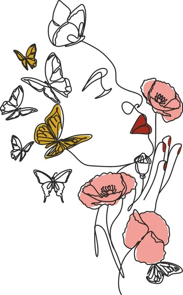 Line Drawing Abstract Face Flowers Butterfly One Line Drawing Modern — Stock Vector