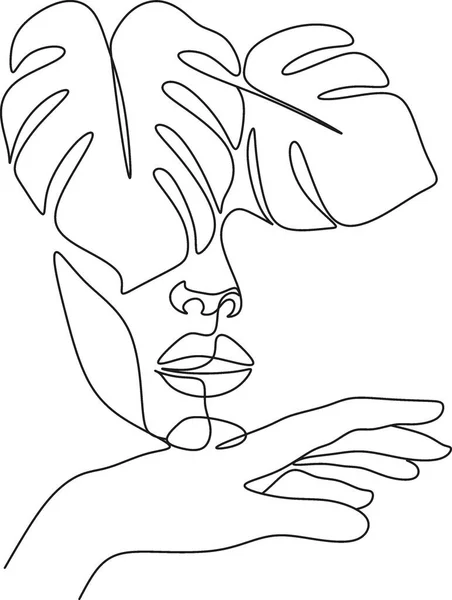 Móda Jedna Čára Kreslení Logo Ženy Tvář Rostlinou Abstraktní Ženský — Stockový vektor